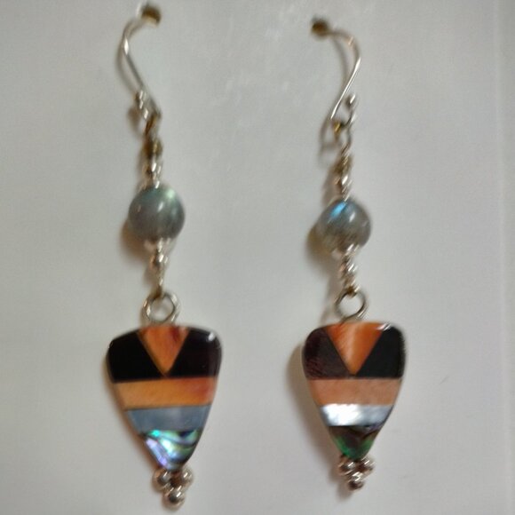 Sterling Silver, Labradorite and Shell Dangle Earrings - Picture 5 of 10